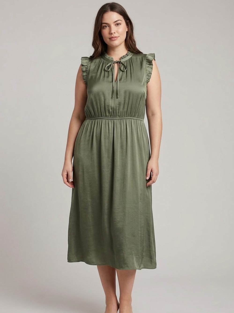 Banana Republic Olive Green Satin Ruffle Midi Dress Size XL